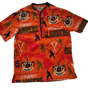 Vintage Malihini Orange Barkcloth Men's Hawaii Islanders Baseball Shirt Small